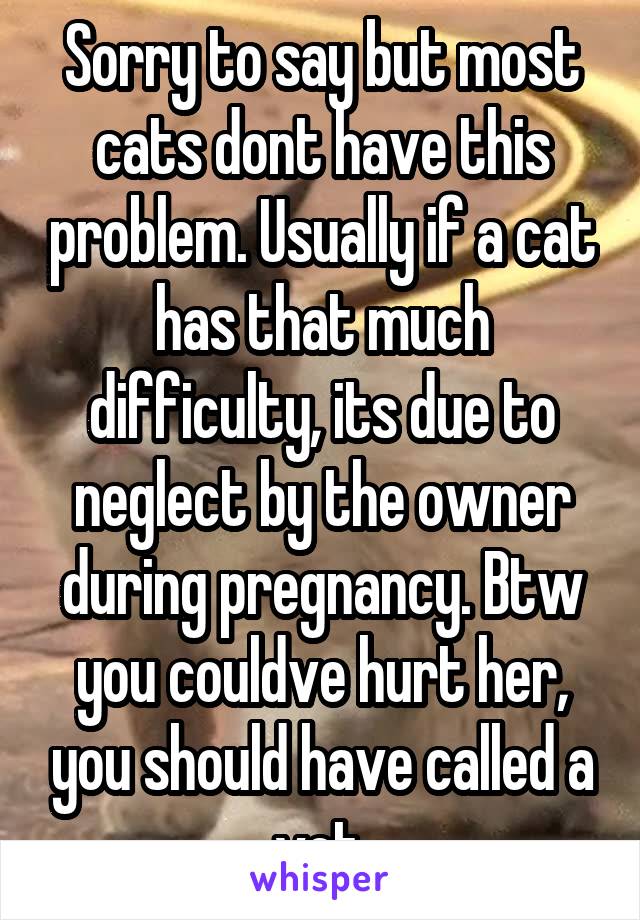 Sorry to say but most cats dont have this problem. Usually if a cat has that much difficulty, its due to neglect by the owner during pregnancy. Btw you couldve hurt her, you should have called a vet.