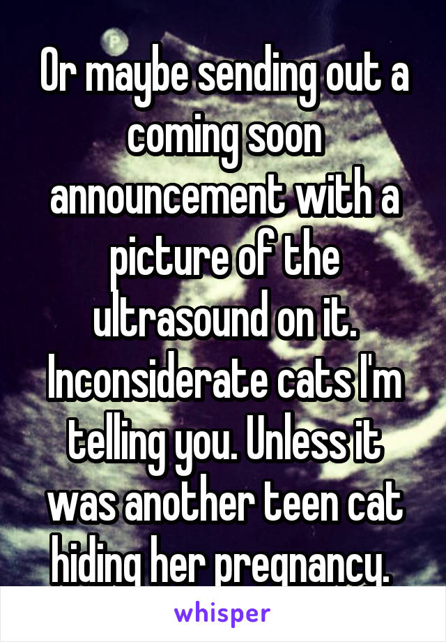 Or maybe sending out a coming soon announcement with a picture of the ultrasound on it. Inconsiderate cats I'm telling you. Unless it was another teen cat hiding her pregnancy. 