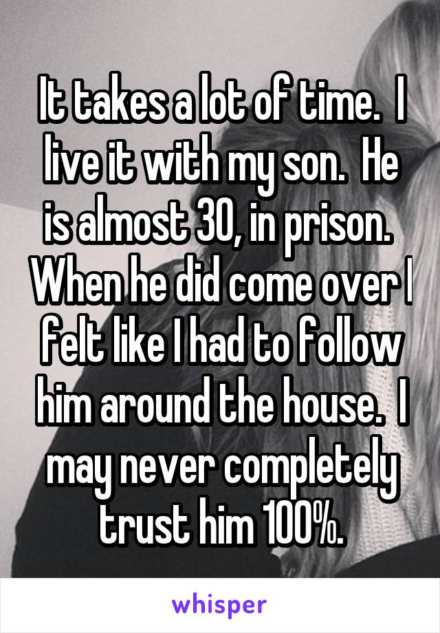 It takes a lot of time.  I live it with my son.  He is almost 30, in prison.  When he did come over I felt like I had to follow him around the house.  I may never completely trust him 100%.