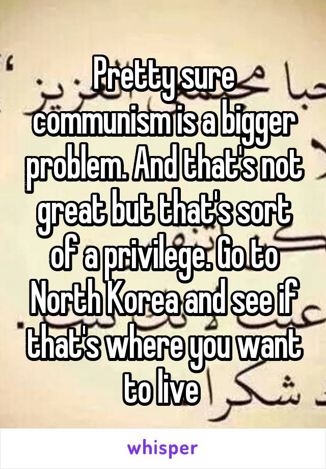 Pretty sure communism is a bigger problem. And that's not great but that's sort of a privilege. Go to North Korea and see if that's where you want to live 