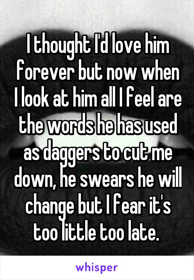 I thought I'd love him forever but now when I look at him all I feel are the words he has used as daggers to cut me down, he swears he will change but I fear it's too little too late. 