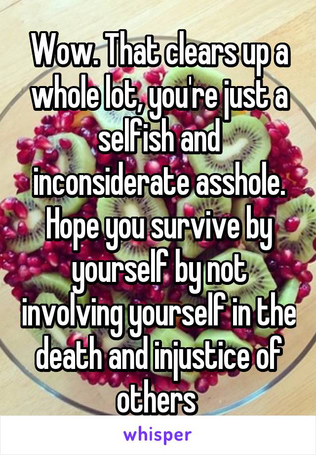 Wow. That clears up a whole lot, you're just a selfish and inconsiderate asshole. Hope you survive by yourself by not involving yourself in the death and injustice of others 