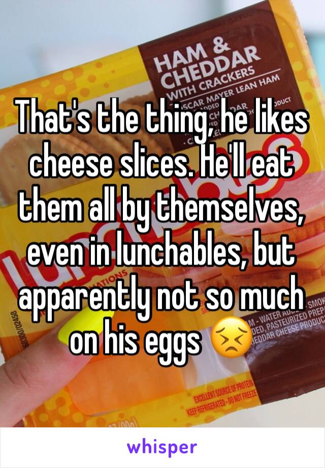 That's the thing, he likes cheese slices. He'll eat them all by themselves, even in lunchables, but apparently not so much on his eggs 😣