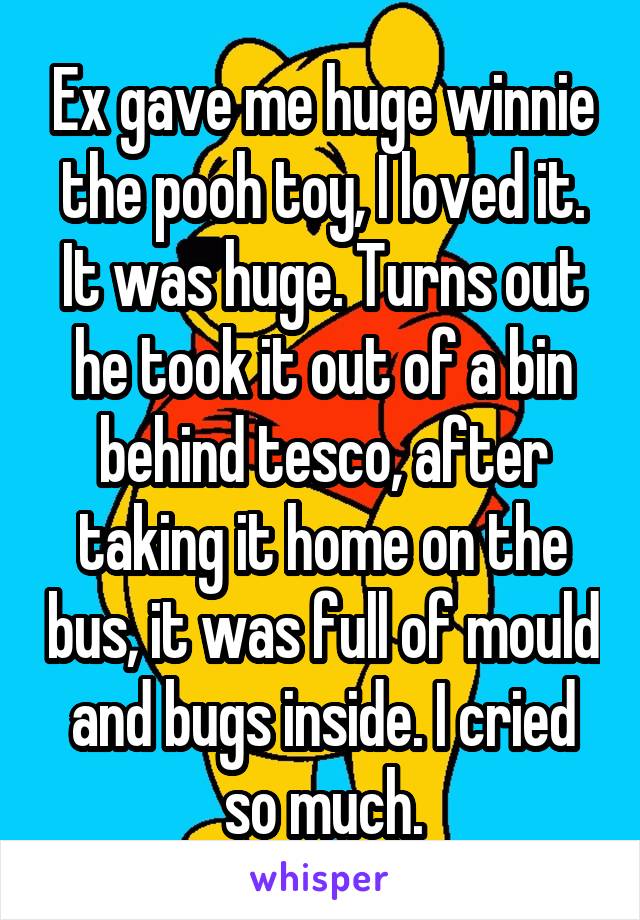 Ex gave me huge winnie the pooh toy, I loved it. It was huge. Turns out he took it out of a bin behind tesco, after taking it home on the bus, it was full of mould and bugs inside. I cried so much.