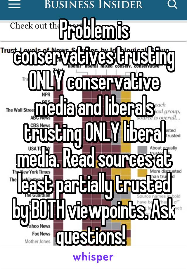 Problem is conservatives trusting ONLY conservative media and liberals trusting ONLY liberal media. Read sources at least partially trusted by BOTH viewpoints. Ask questions!  