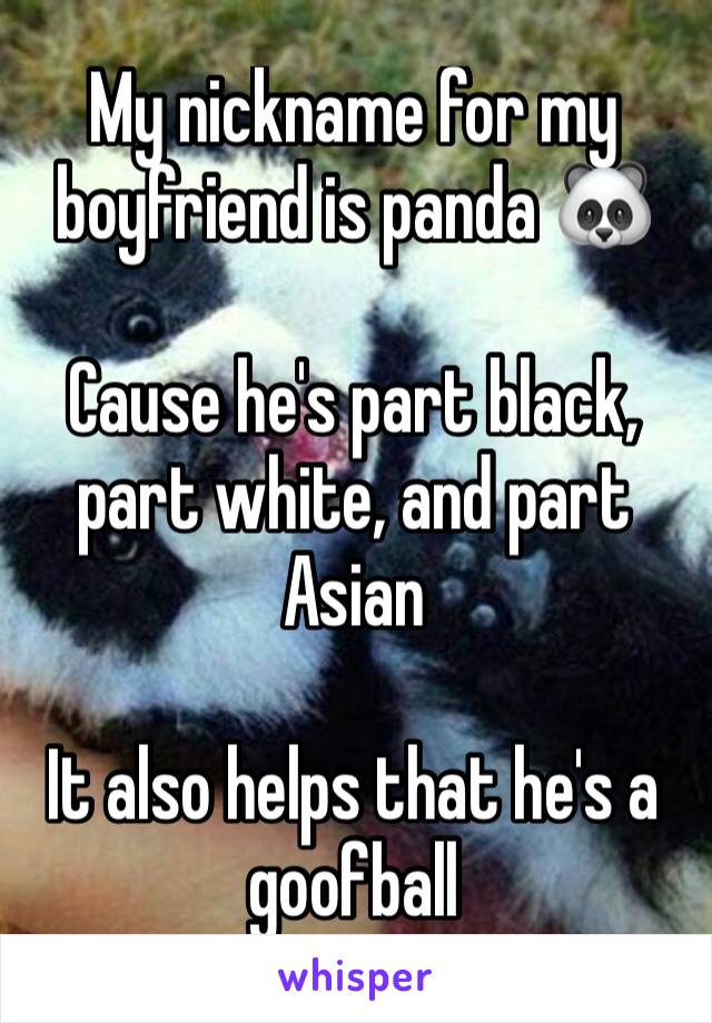 My nickname for my boyfriend is panda 🐼 

Cause he's part black, part white, and part Asian

It also helps that he's a goofball 