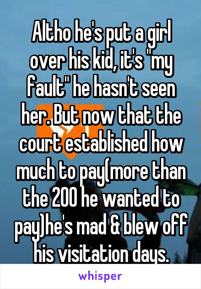 Altho he's put a girl over his kid, it's "my fault" he hasn't seen her. But now that the court established how much to pay(more than the 200 he wanted to pay)he's mad & blew off his visitation days.