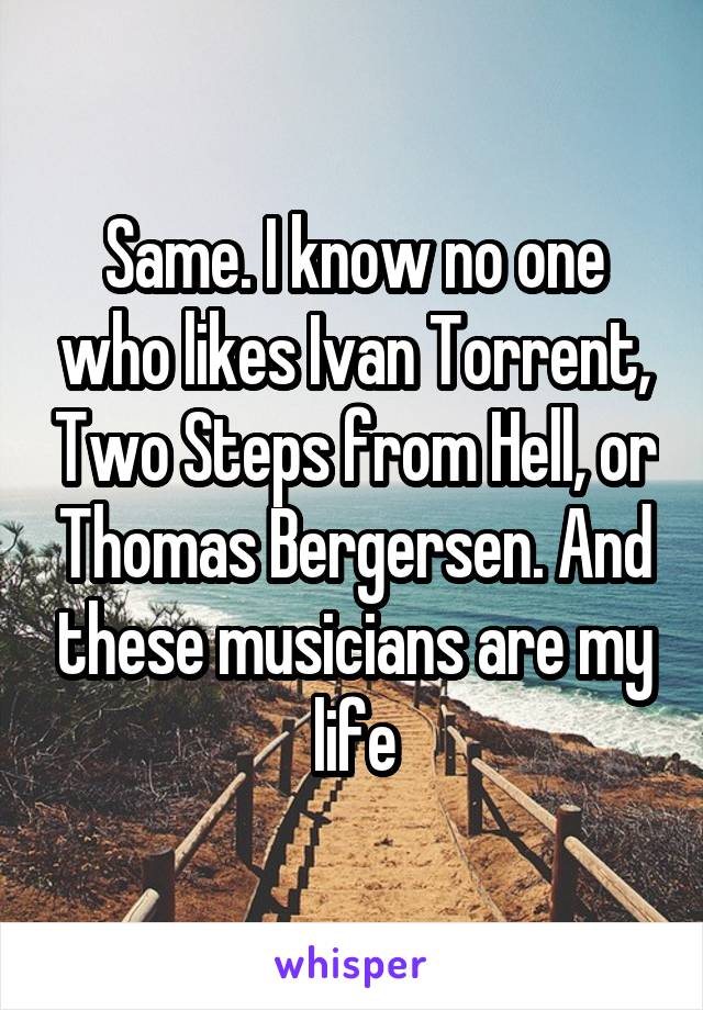 Same. I know no one who likes Ivan Torrent, Two Steps from Hell, or Thomas Bergersen. And these musicians are my life
