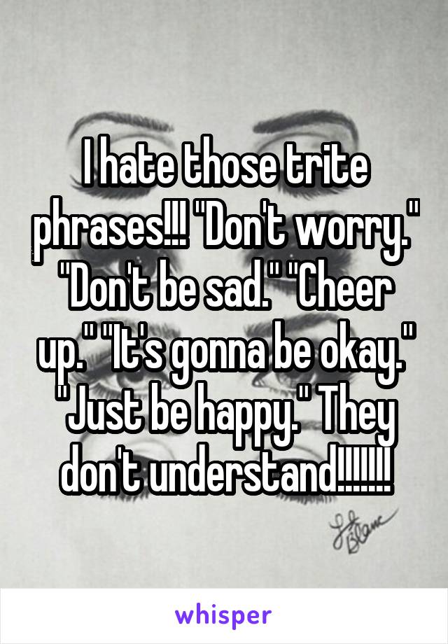 I hate those trite phrases!!! "Don't worry." "Don't be sad." "Cheer up." "It's gonna be okay." "Just be happy." They don't understand!!!!!!!