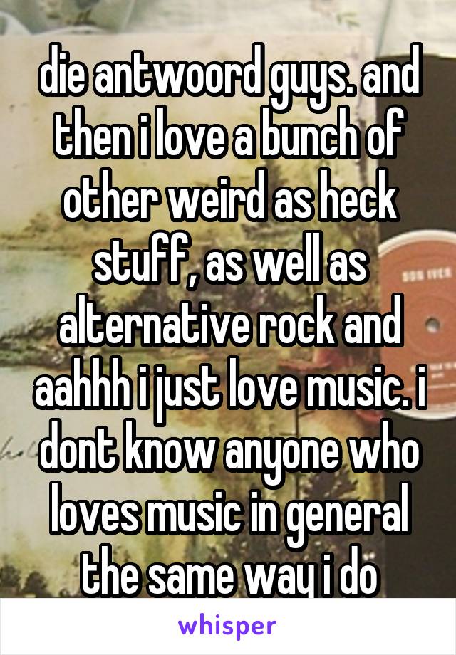 die antwoord guys. and then i love a bunch of other weird as heck stuff, as well as alternative rock and aahhh i just love music. i dont know anyone who loves music in general the same way i do