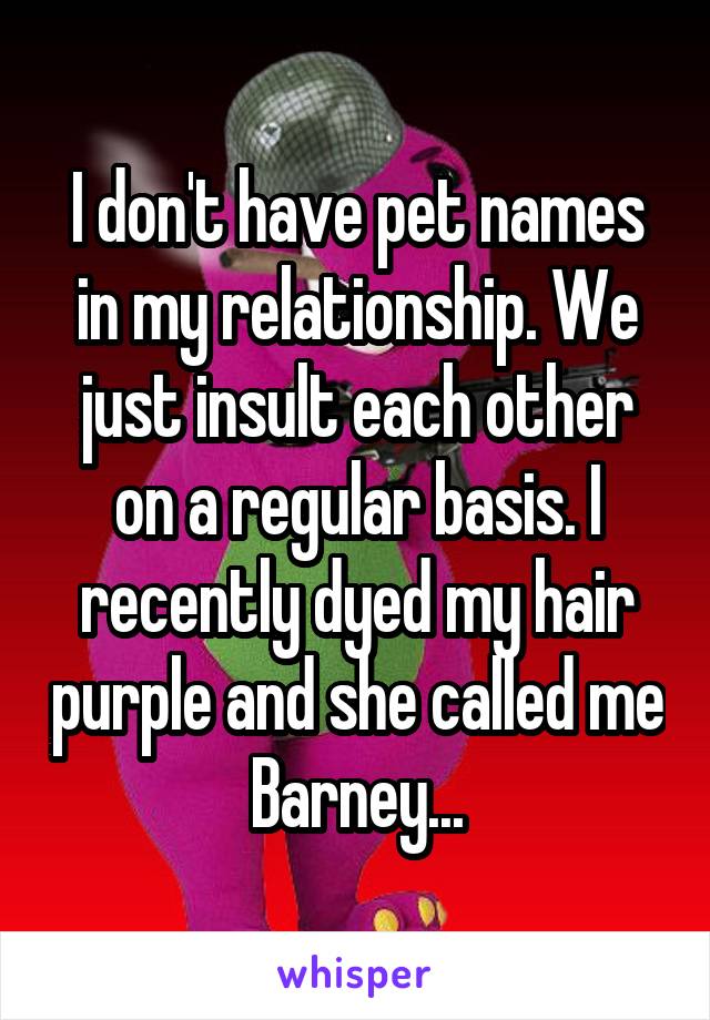 I don't have pet names in my relationship. We just insult each other on a regular basis. I recently dyed my hair purple and she called me Barney...