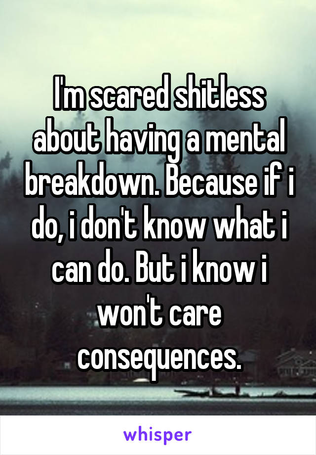 I'm scared shitless about having a mental breakdown. Because if i do, i don't know what i can do. But i know i won't care consequences.