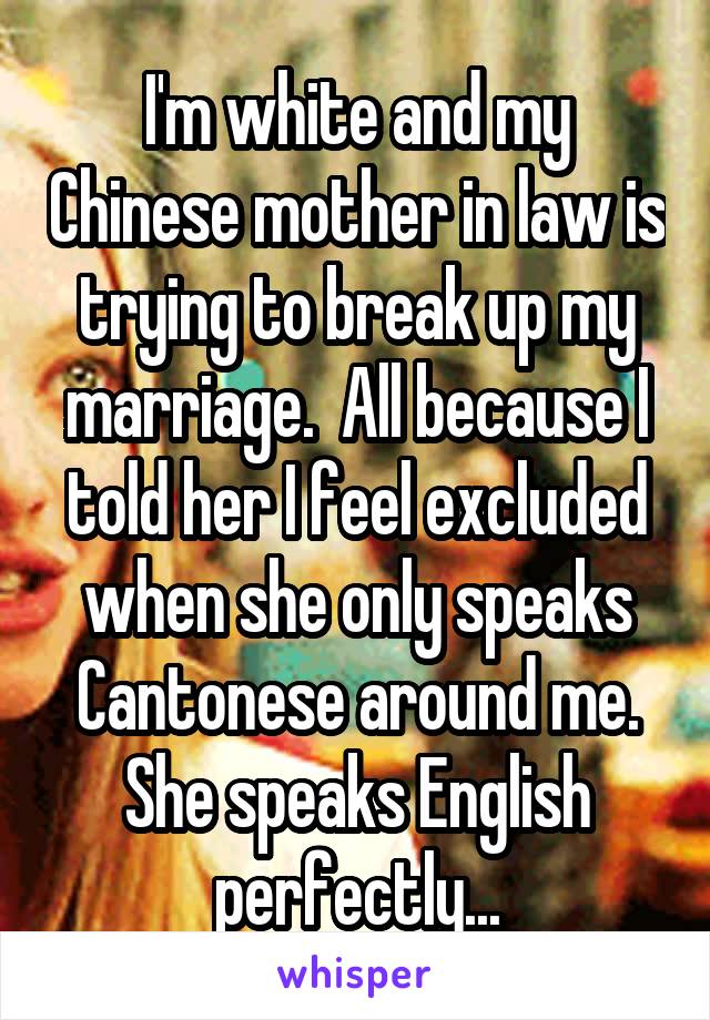 I'm white and my Chinese mother in law is trying to break up my marriage.  All because I told her I feel excluded when she only speaks Cantonese around me. She speaks English perfectly...