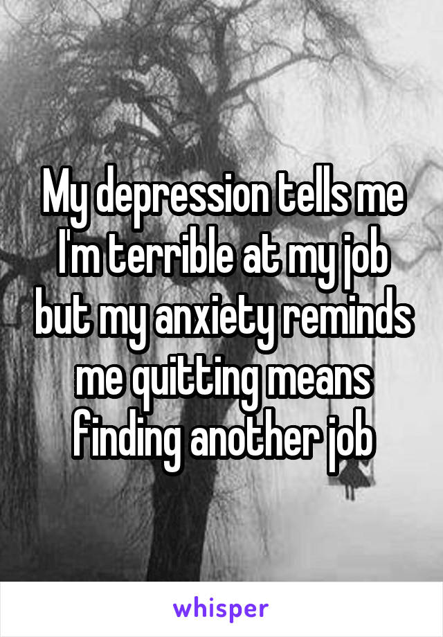 My depression tells me I'm terrible at my job but my anxiety reminds me quitting means finding another job