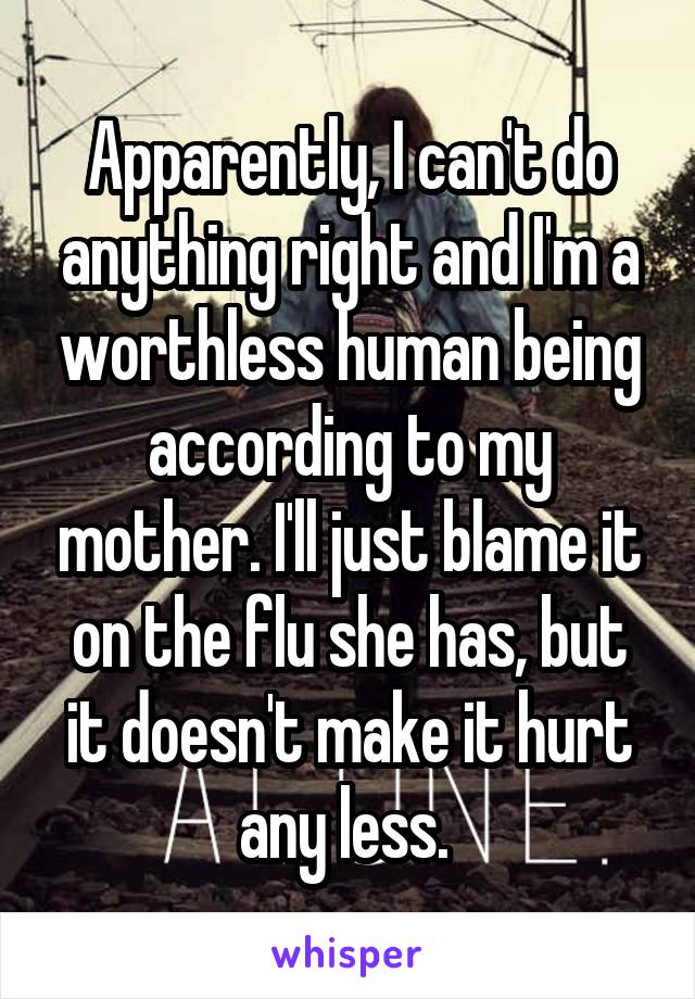 Apparently, I can't do anything right and I'm a worthless human being according to my mother. I'll just blame it on the flu she has, but it doesn't make it hurt any less. 