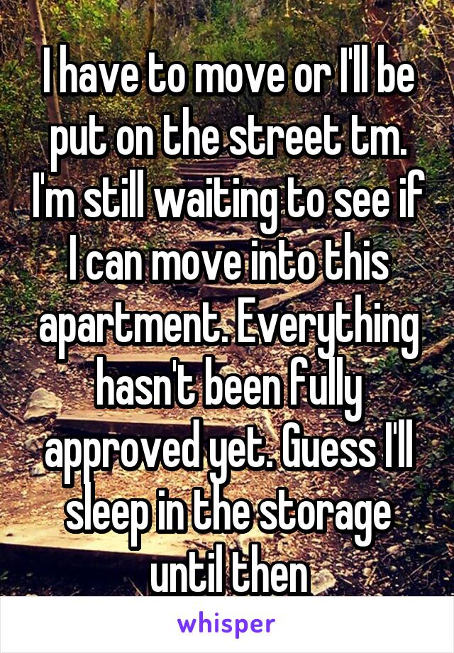 I have to move or I'll be put on the street tm. I'm still waiting to see if I can move into this apartment. Everything hasn't been fully approved yet. Guess I'll sleep in the storage until then