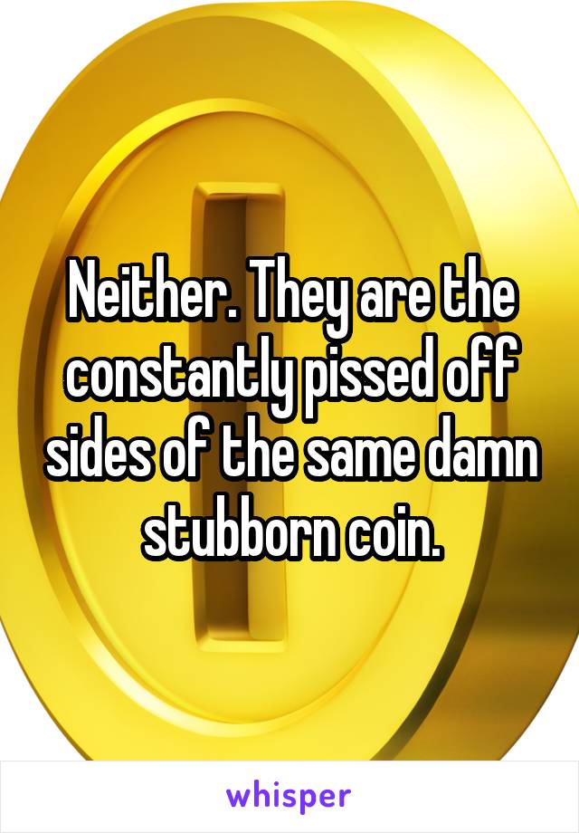 Neither. They are the constantly pissed off sides of the same damn stubborn coin.