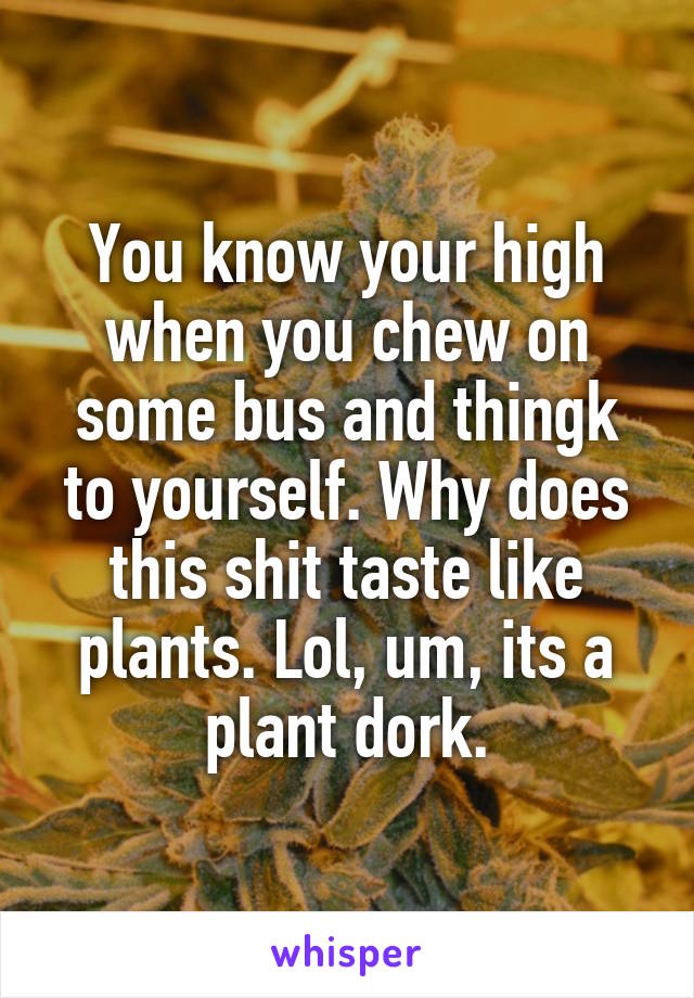 You know your high when you chew on some bus and thingk to yourself. Why does this shit taste like plants. Lol, um, its a plant dork.