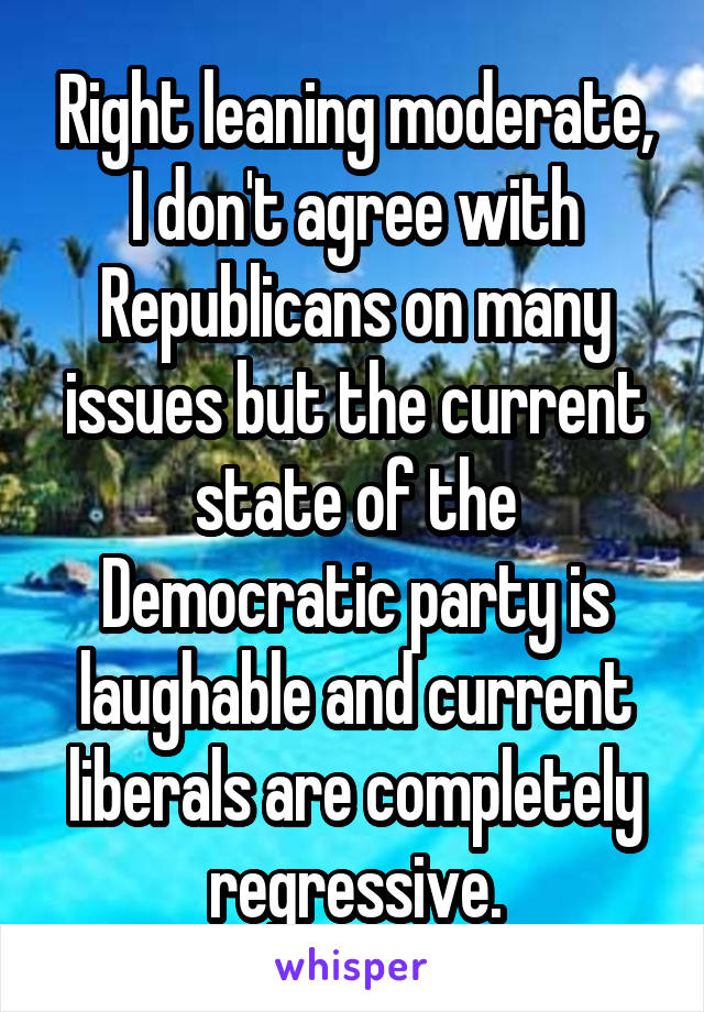 Right leaning moderate, I don't agree with Republicans on many issues but the current state of the Democratic party is laughable and current liberals are completely regressive.