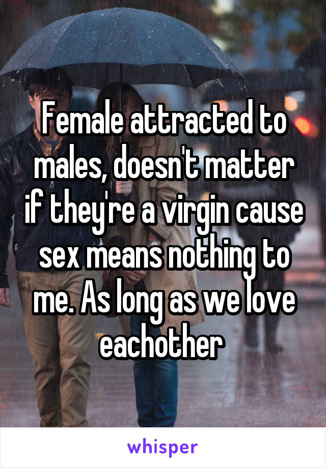 Female attracted to males, doesn't matter if they're a virgin cause sex means nothing to me. As long as we love eachother 