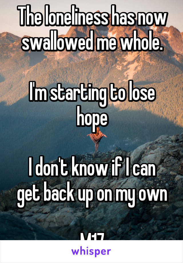 The loneliness has now swallowed me whole.

I'm starting to lose hope

I don't know if I can get back up on my own

M17