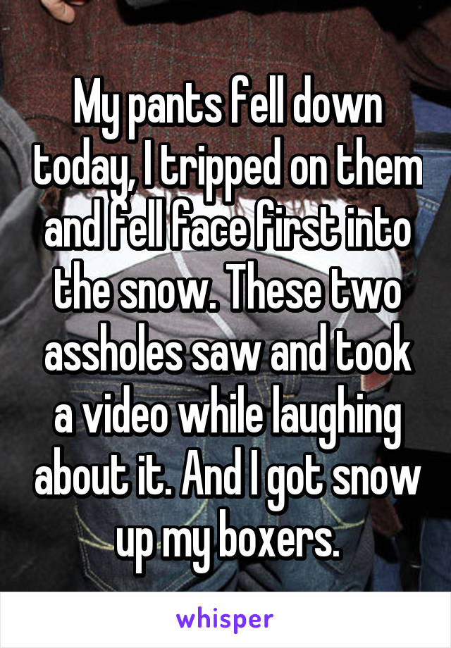 My pants fell down today, I tripped on them and fell face first into the snow. These two assholes saw and took a video while laughing about it. And I got snow up my boxers.