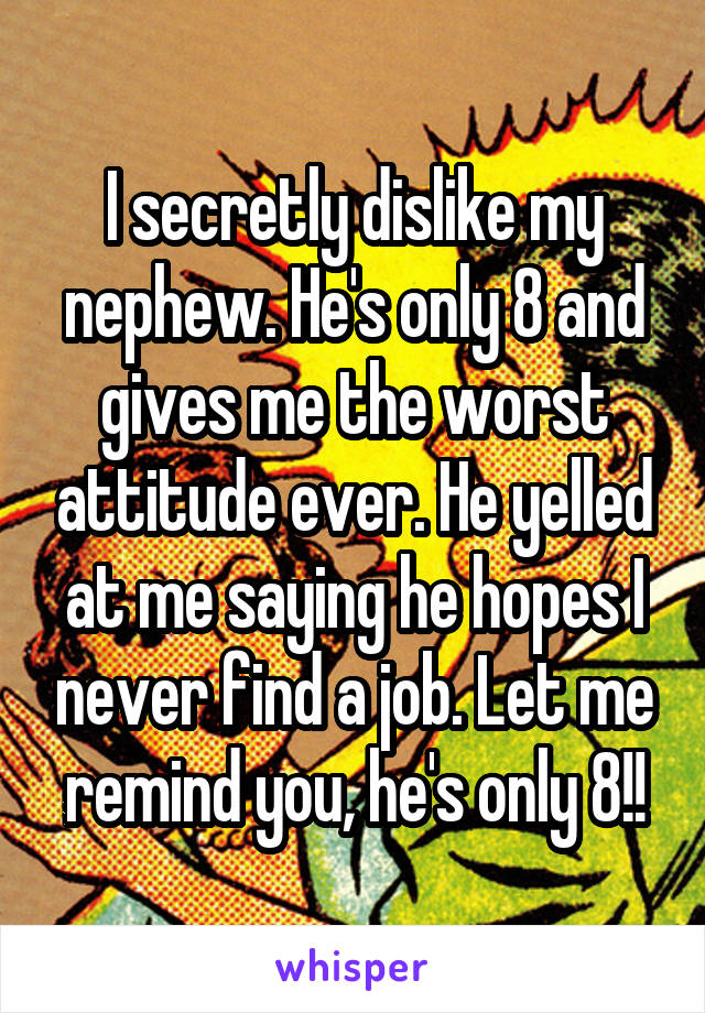 I secretly dislike my nephew. He's only 8 and gives me the worst attitude ever. He yelled at me saying he hopes I never find a job. Let me remind you, he's only 8!!