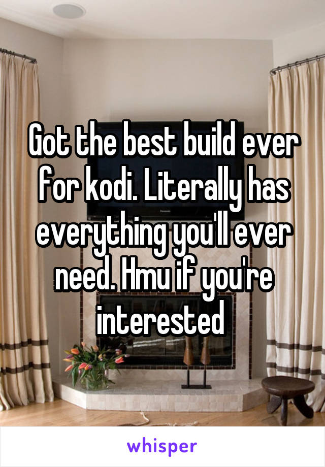 Got the best build ever for kodi. Literally has everything you'll ever need. Hmu if you're interested 