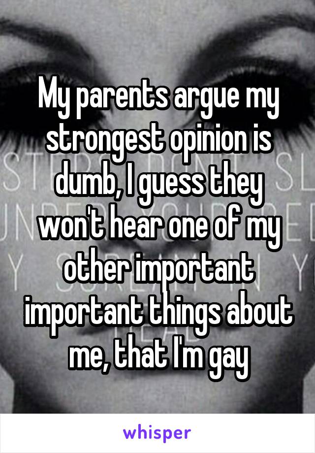 My parents argue my strongest opinion is dumb, I guess they won't hear one of my other important important things about me, that I'm gay