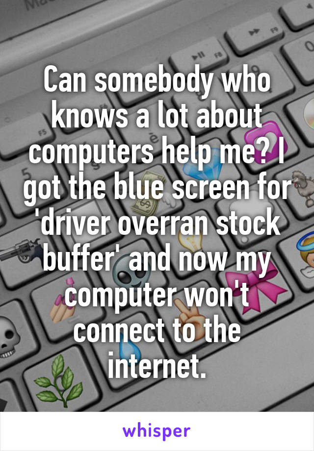 Can somebody who knows a lot about computers help me? I got the blue screen for 'driver overran stock buffer' and now my computer won't connect to the internet.