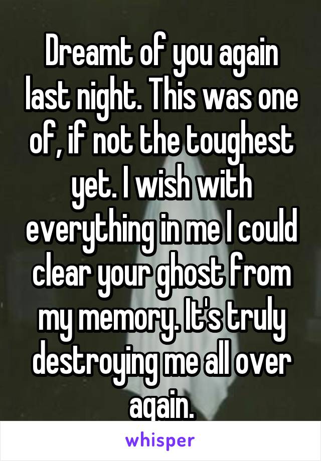 Dreamt of you again last night. This was one of, if not the toughest yet. I wish with everything in me I could clear your ghost from my memory. It's truly destroying me all over again.