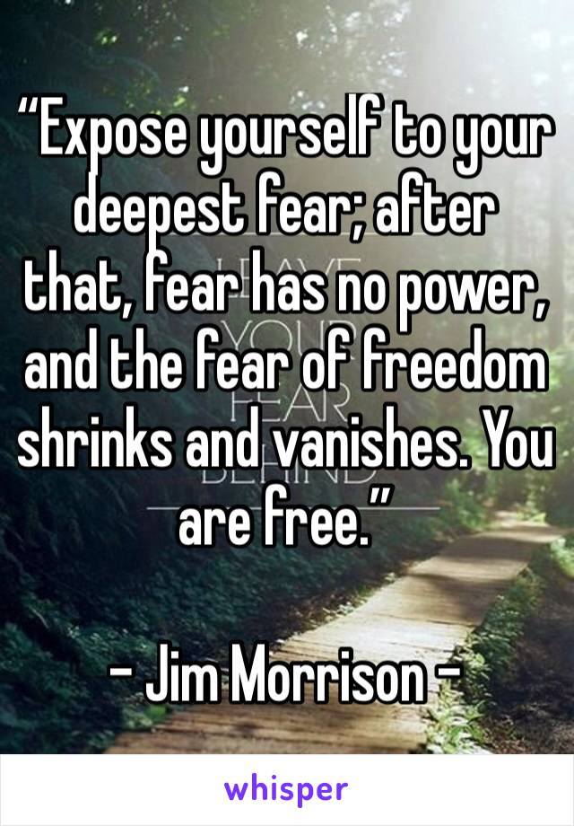 “Expose yourself to your deepest fear; after that, fear has no power, and the fear of freedom shrinks and vanishes. You are free.”

- Jim Morrison -