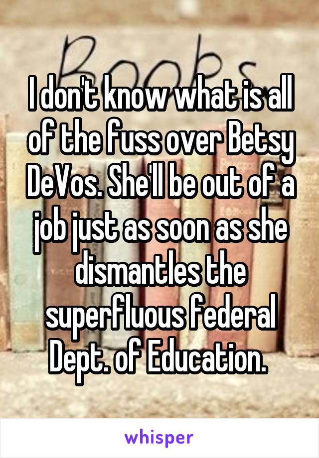 I don't know what is all of the fuss over Betsy DeVos. She'll be out of a job just as soon as she dismantles the superfluous federal Dept. of Education. 