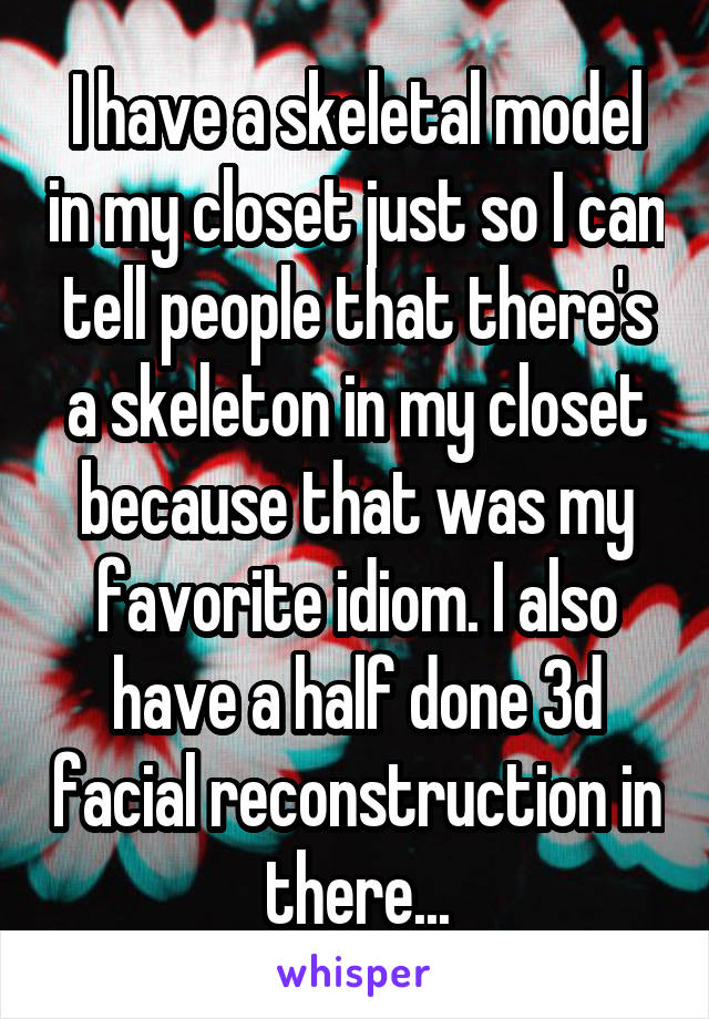 I have a skeletal model in my closet just so I can tell people that there's a skeleton in my closet because that was my favorite idiom. I also have a half done 3d facial reconstruction in there...