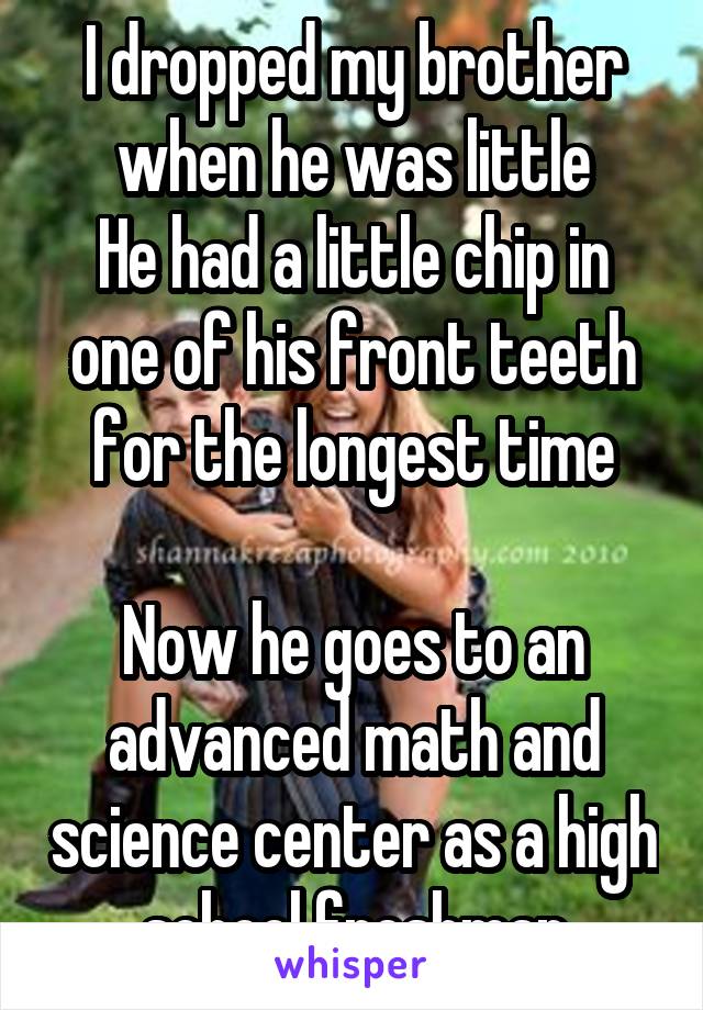 I dropped my brother when he was little
He had a little chip in one of his front teeth for the longest time

Now he goes to an advanced math and science center as a high school freshman