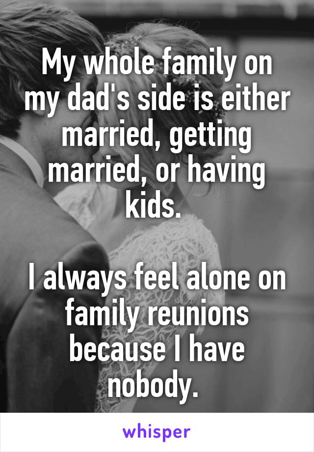 My whole family on my dad's side is either married, getting married, or having kids. 

I always feel alone on family reunions because I have nobody. 