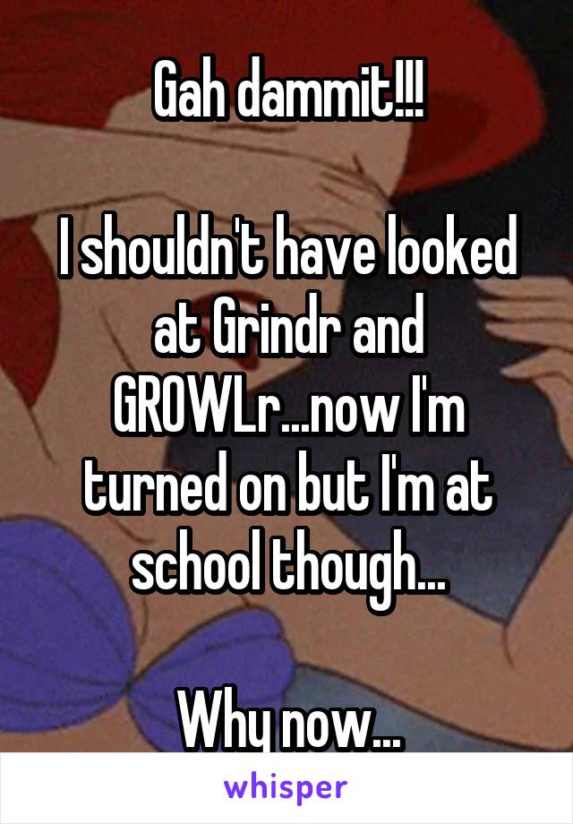 Gah dammit!!!

I shouldn't have looked at Grindr and GROWLr...now I'm turned on but I'm at school though...

Why now...