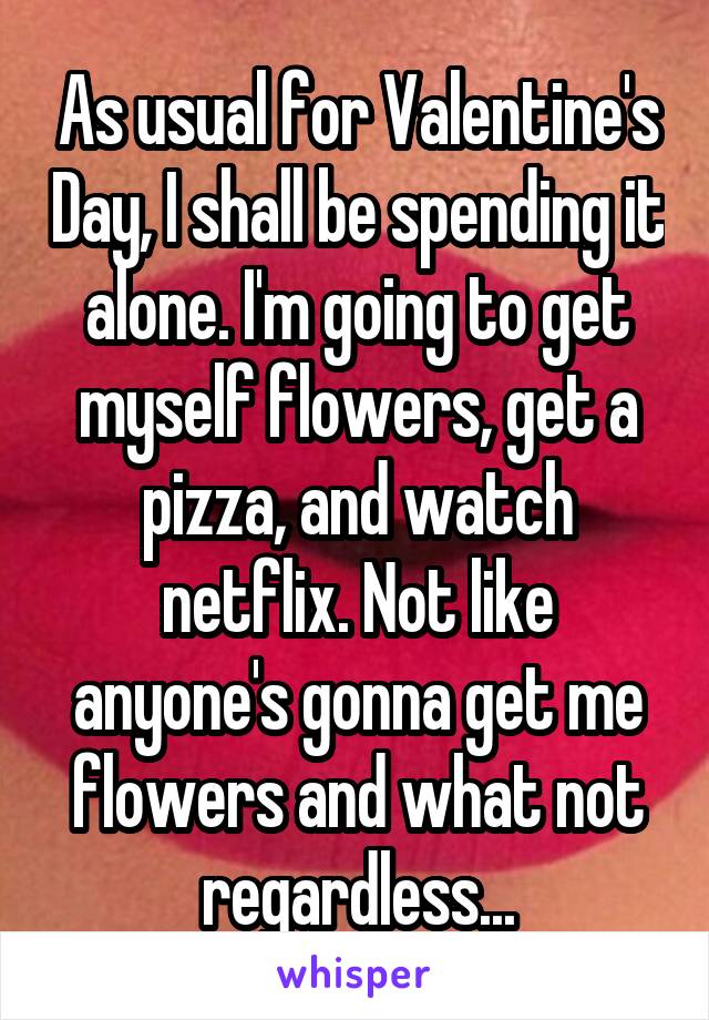 As usual for Valentine's Day, I shall be spending it alone. I'm going to get myself flowers, get a pizza, and watch netflix. Not like anyone's gonna get me flowers and what not regardless...