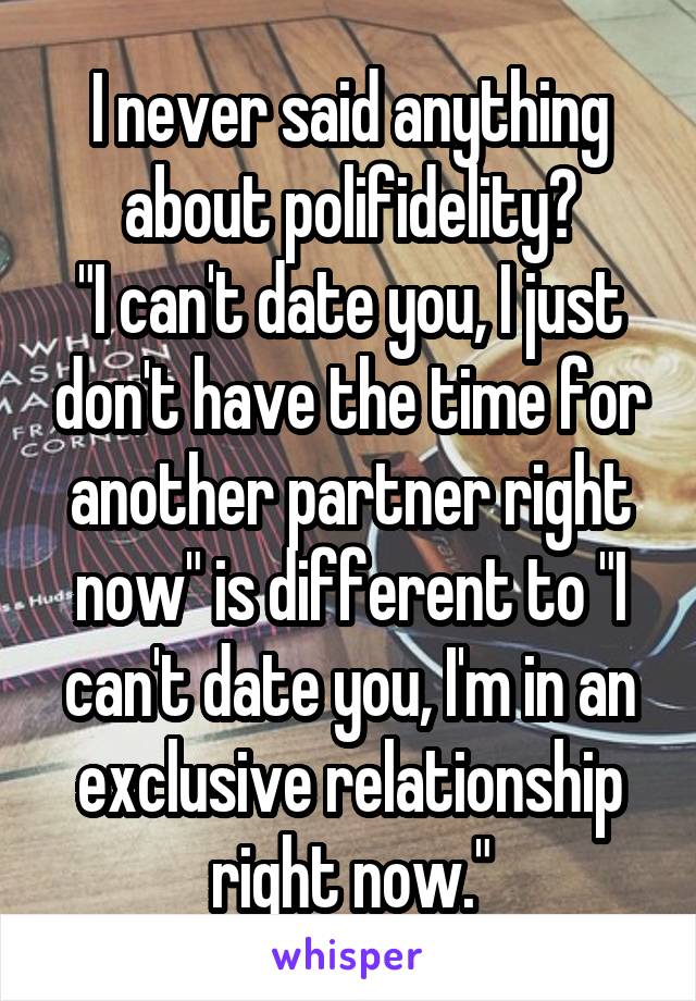 I never said anything about polifidelity?
"I can't date you, I just don't have the time for another partner right now" is different to "I can't date you, I'm in an exclusive relationship right now."