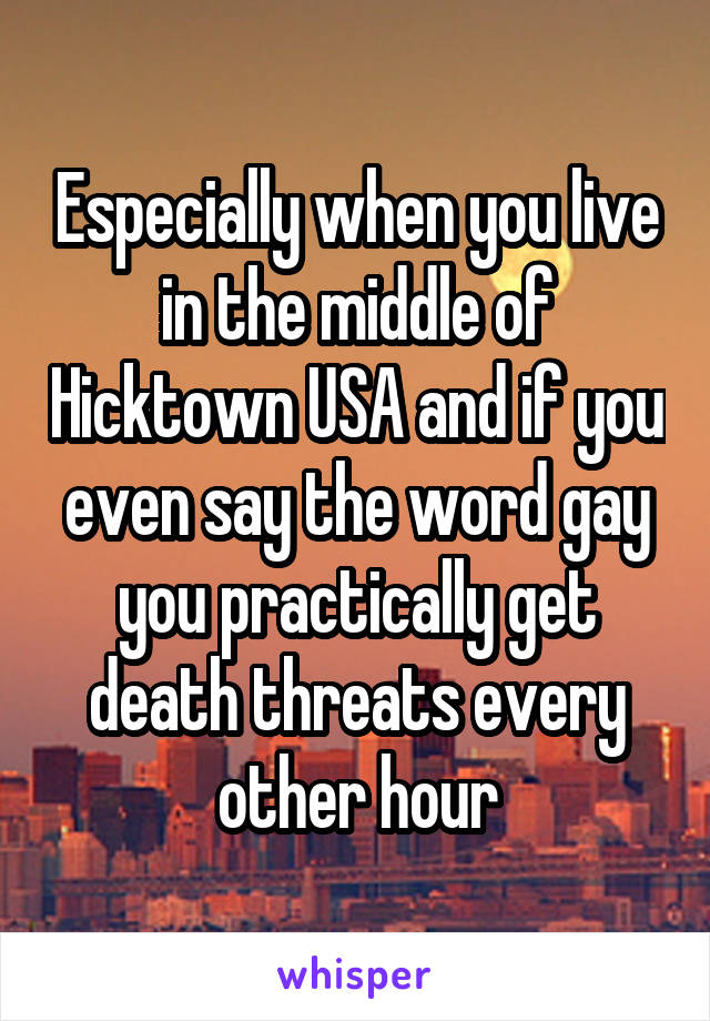 Especially when you live in the middle of Hicktown USA and if you even say the word gay you practically get death threats every other hour
