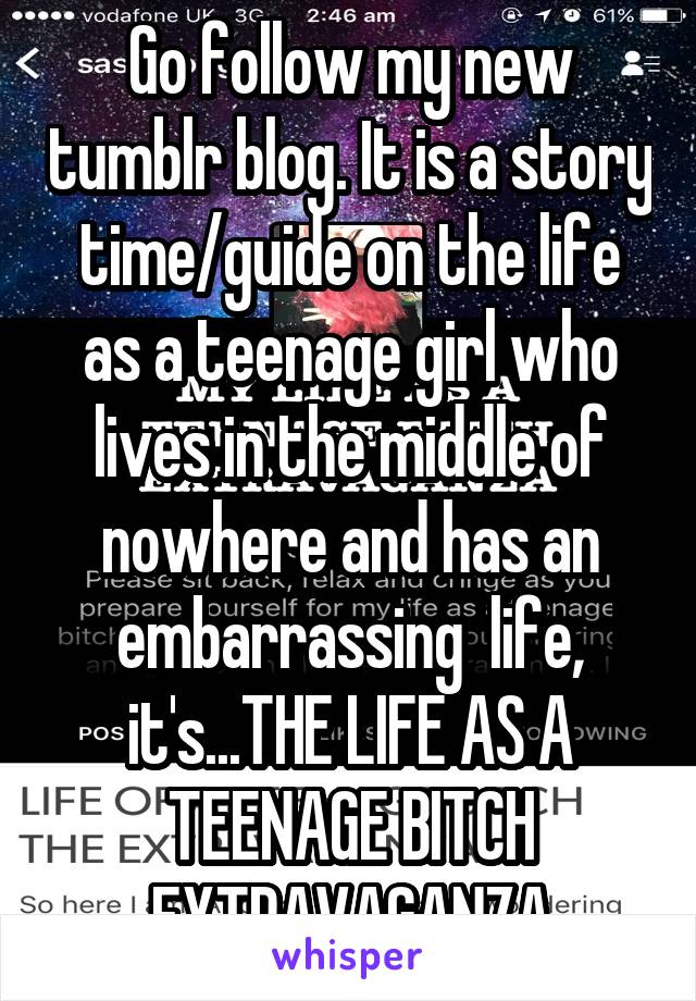 Go follow my new tumblr blog. It is a story time/guide on the life as a teenage girl who lives in the middle of nowhere and has an embarrassing  life, it's...THE LIFE AS A TEENAGE BITCH EXTRAVAGANZA