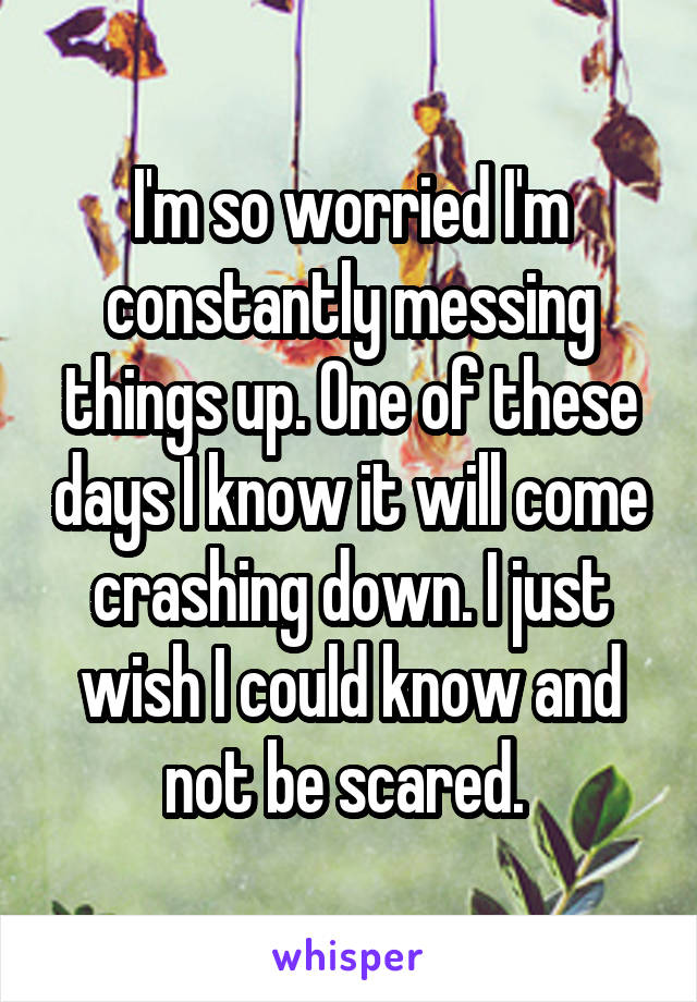 I'm so worried I'm constantly messing things up. One of these days I know it will come crashing down. I just wish I could know and not be scared. 