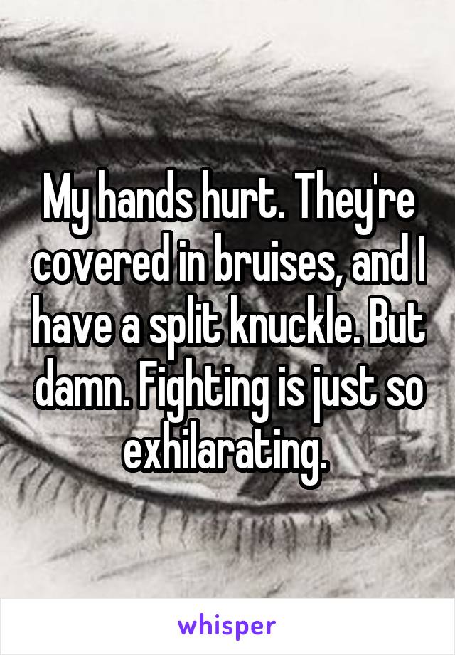 My hands hurt. They're covered in bruises, and I have a split knuckle. But damn. Fighting is just so exhilarating. 