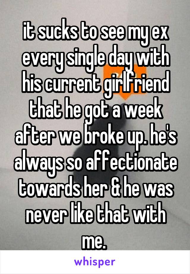 it sucks to see my ex every single day with his current girlfriend that he got a week after we broke up. he's always so affectionate towards her & he was never like that with me. 