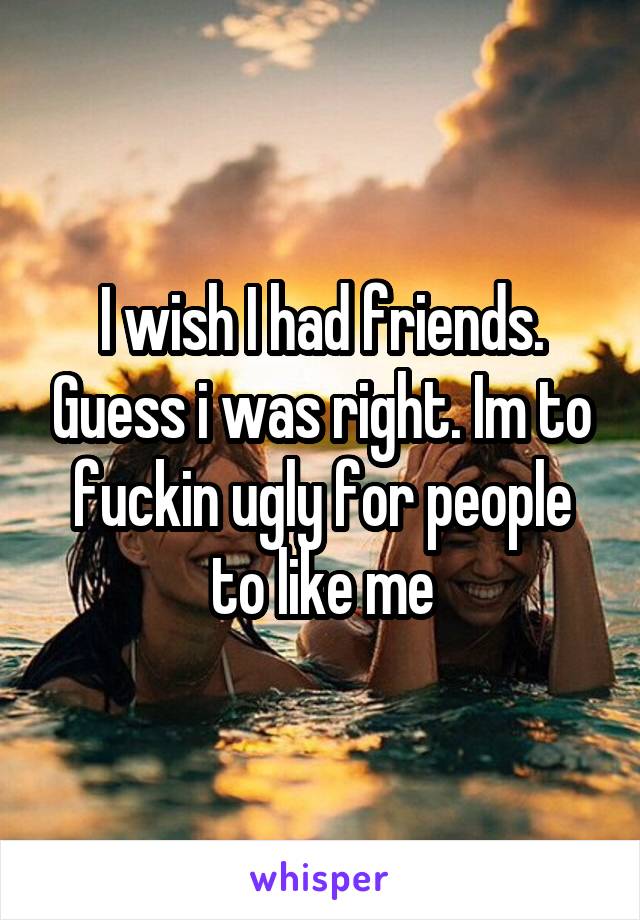 I wish I had friends. Guess i was right. Im to fuckin ugly for people to like me