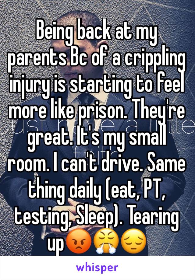 Being back at my parents Bc of a crippling injury is starting to feel more like prison. They're great. It's my small room. I can't drive. Same thing daily (eat, PT, testing, Sleep). Tearing up😡😤😔