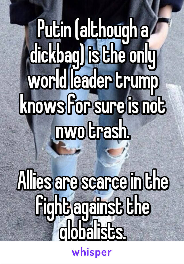 Putin (although a dickbag) is the only world leader trump knows for sure is not nwo trash.

Allies are scarce in the fight against the globalists.