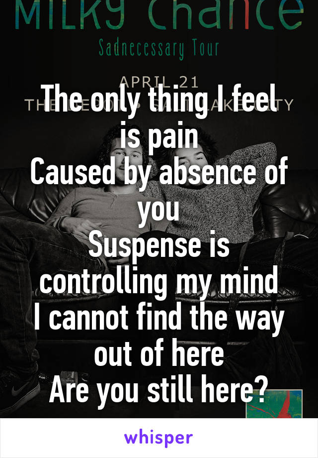 
The only thing I feel is pain
Caused by absence of you
Suspense is controlling my mind
I cannot find the way out of here
Are you still here?