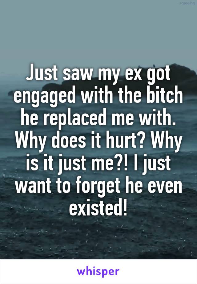 Just saw my ex got engaged with the bitch he replaced me with. Why does it hurt? Why is it just me?! I just want to forget he even existed!