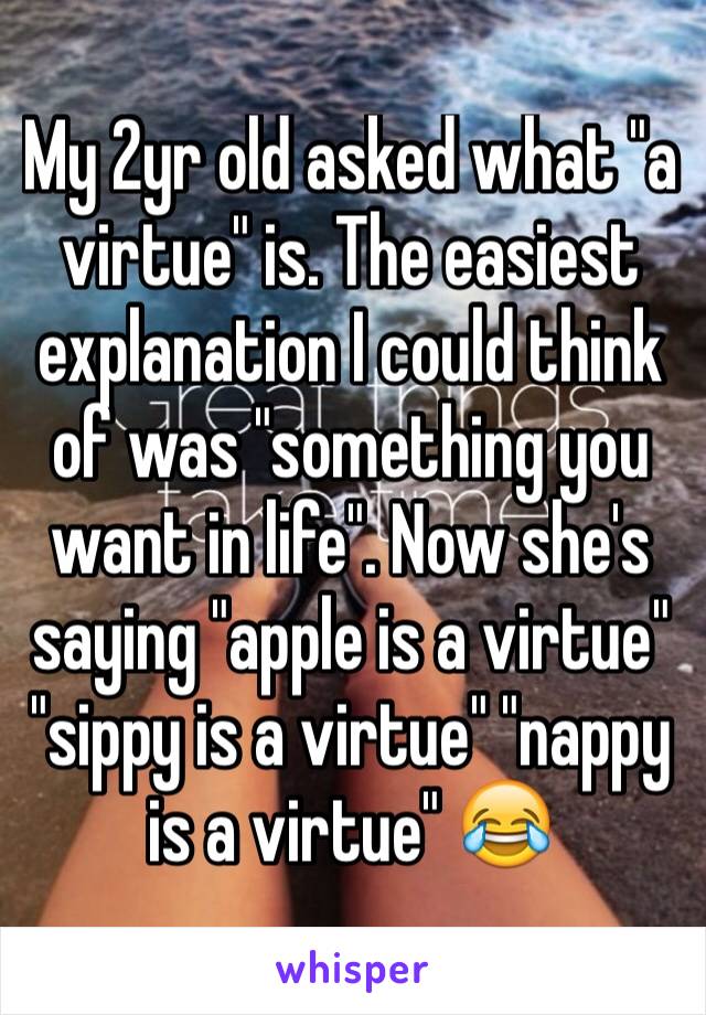 My 2yr old asked what "a virtue" is. The easiest explanation I could think of was "something you want in life". Now she's saying "apple is a virtue" "sippy is a virtue" "nappy is a virtue" 😂